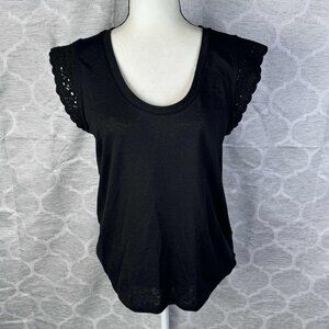 LOFT Black Eyelet Flutter Sleeve Tank Top Size L | Cotton Blend Summer Tee